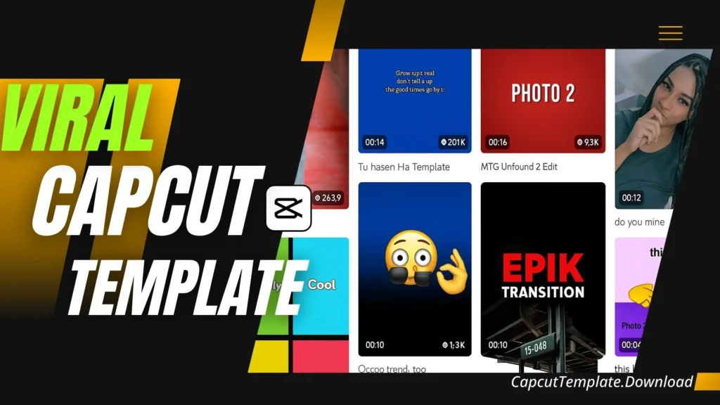 CapCut template preview grid showing various trending video templates with colorful backgrounds, emoji styles, transitions, and creative effects.