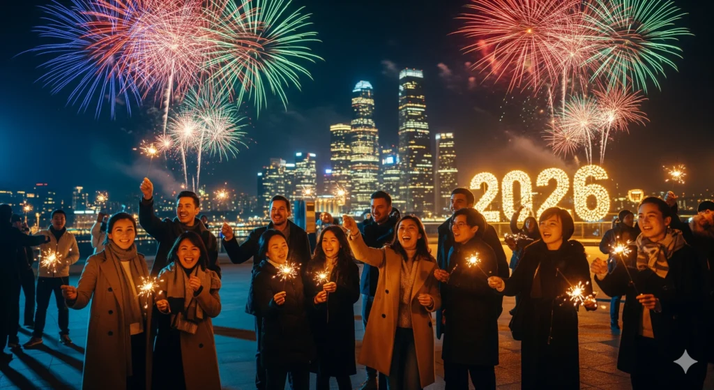 Fireworks and crowd celebrating Happy New Year 2026 at midnight