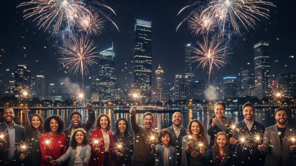 Elegant Happy New Year 2026 greeting image with fireworks and night sky